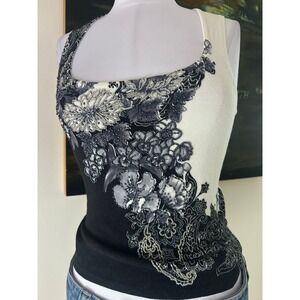 Alberto Makali Set Tank Cardigan M Black White Beaded Floral Bolero Ofiice Siren